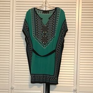 Dana Buchman Teal Geometric Print V-Neck Kaftan Tunic Blouse M